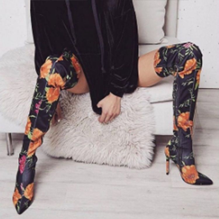 Damenmode Blumen Spitze Zehe Stiletto-absatz Oberschenkel Hohe Stiefel