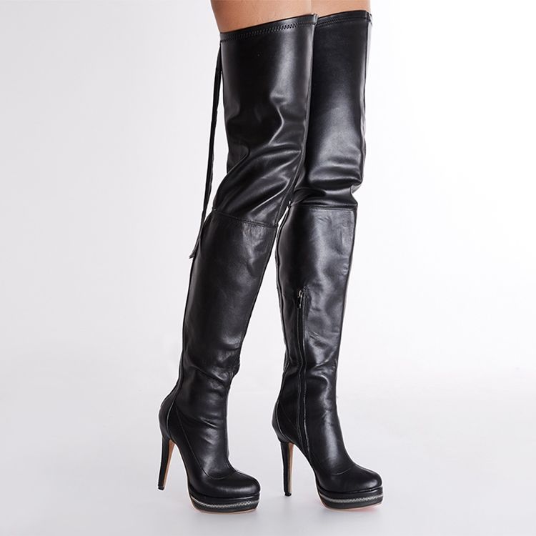 Damenmode Schwarz Leder Stilettos Kniehohe Stiefel