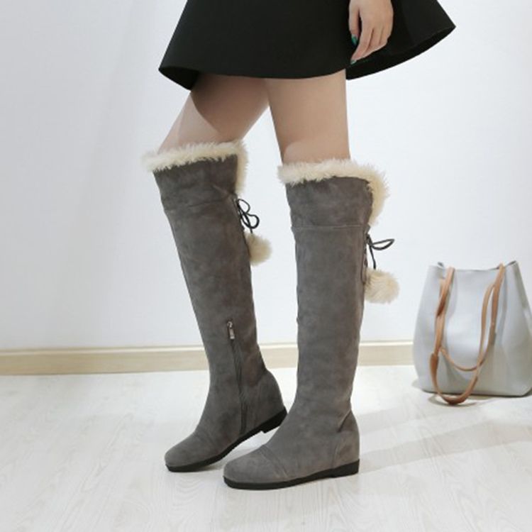 Fuzzy Pompon Plain Damen Kniehohe Stiefel