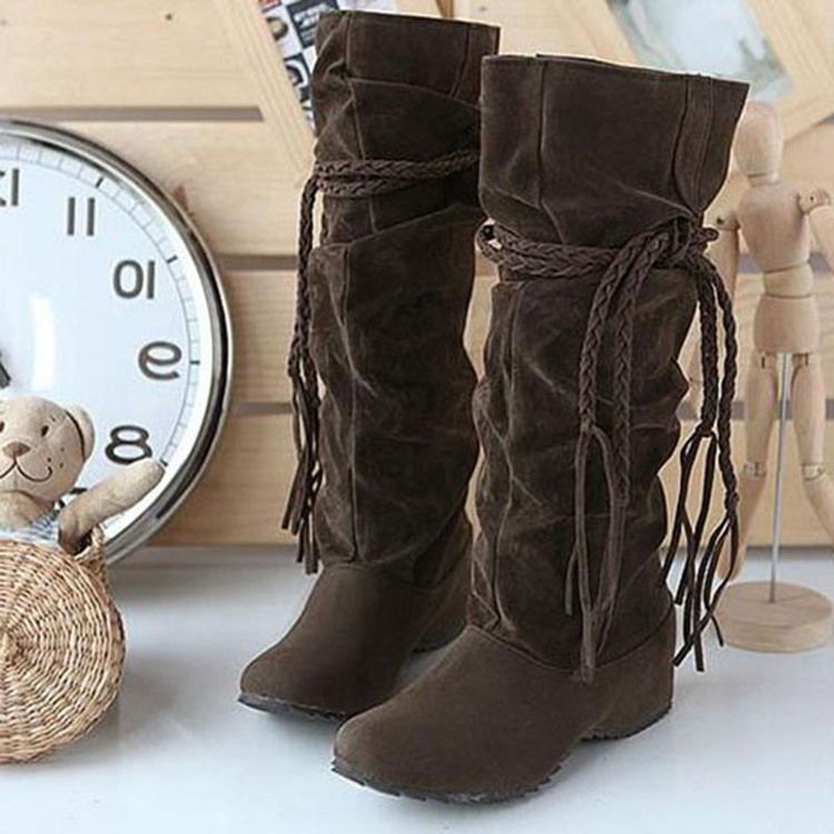 Kniehohe Slouchy-stiefel Aus Reiner Farbe Mit Gewebtem String Für Damen