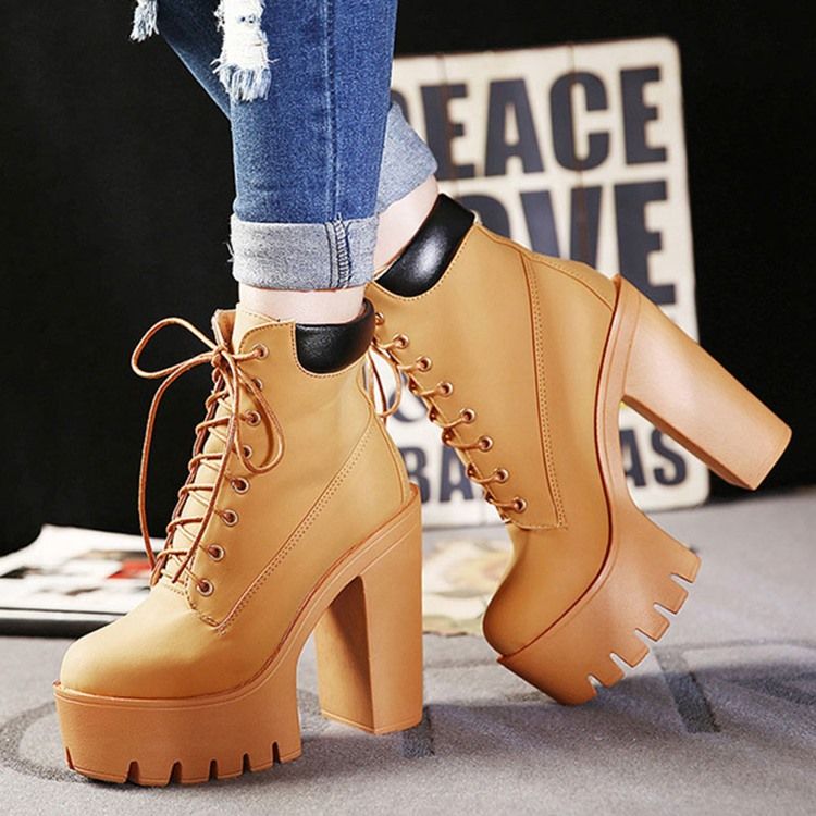 Patchwork Round Toe Chunky Heel Damenmode Stiefel