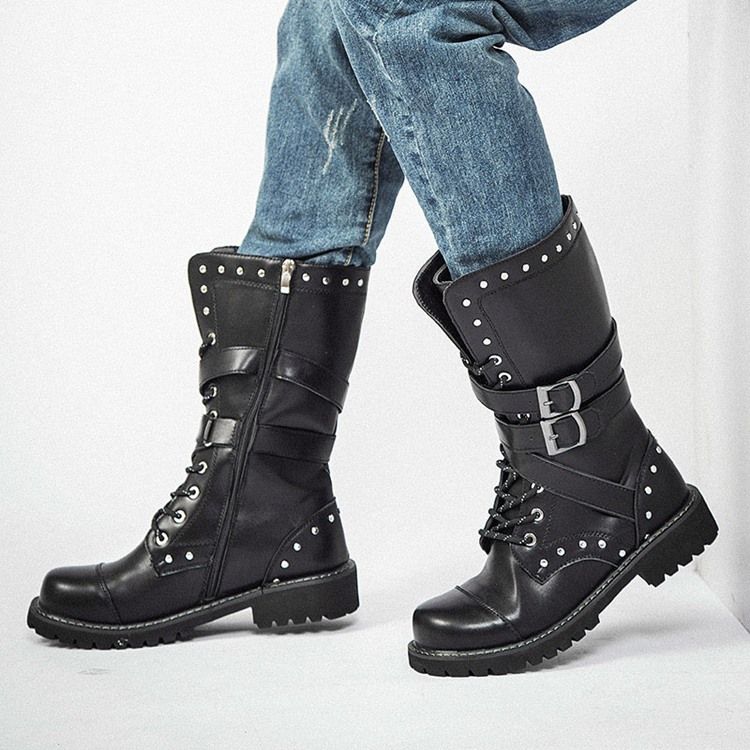 Rivet Round Toe Side Zipper Herrenstiefel