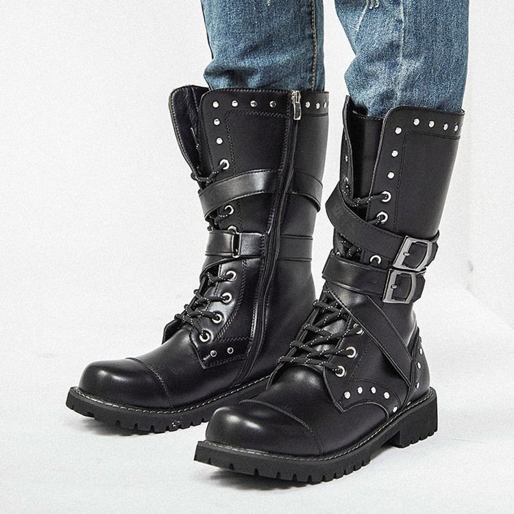 Rivet Round Toe Side Zipper Herrenstiefel