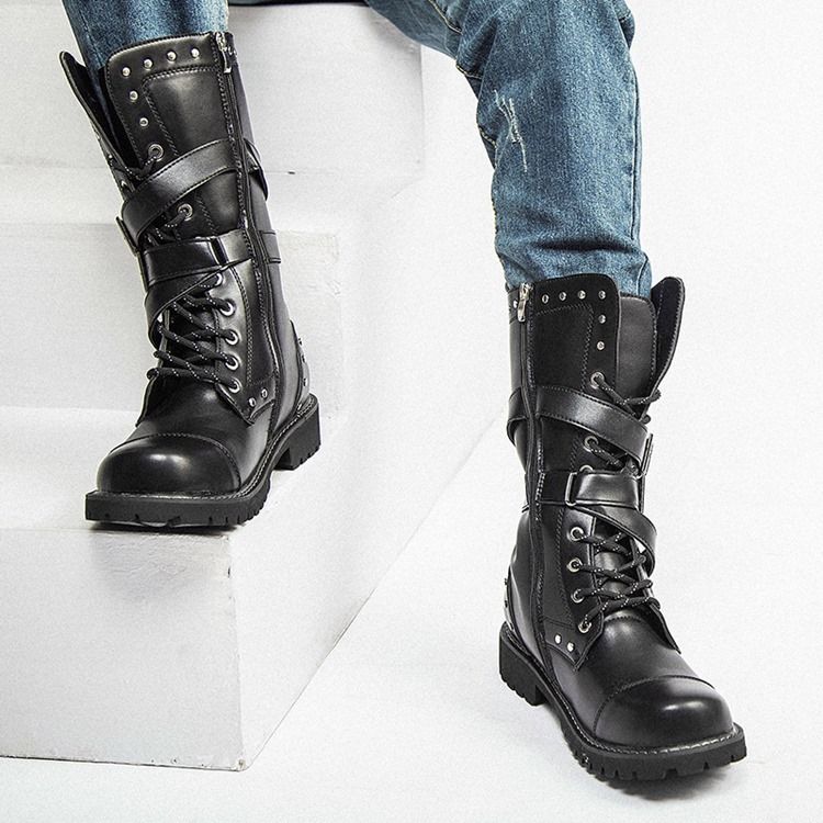 Rivet Round Toe Side Zipper Herrenstiefel