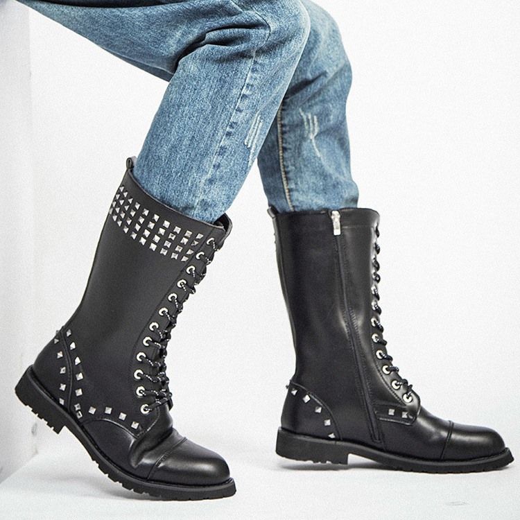 Rivets Side Zipper Round Toe Herrenstiefel