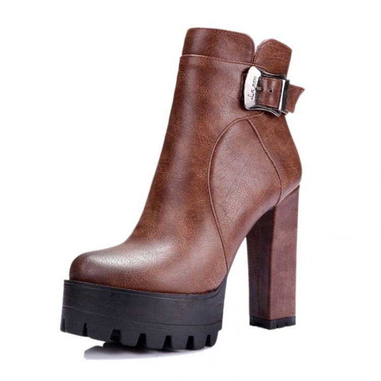 Round Toe Plateau Klobige Ferse Seitlicher Reißverschluss Damen Stiefeletten