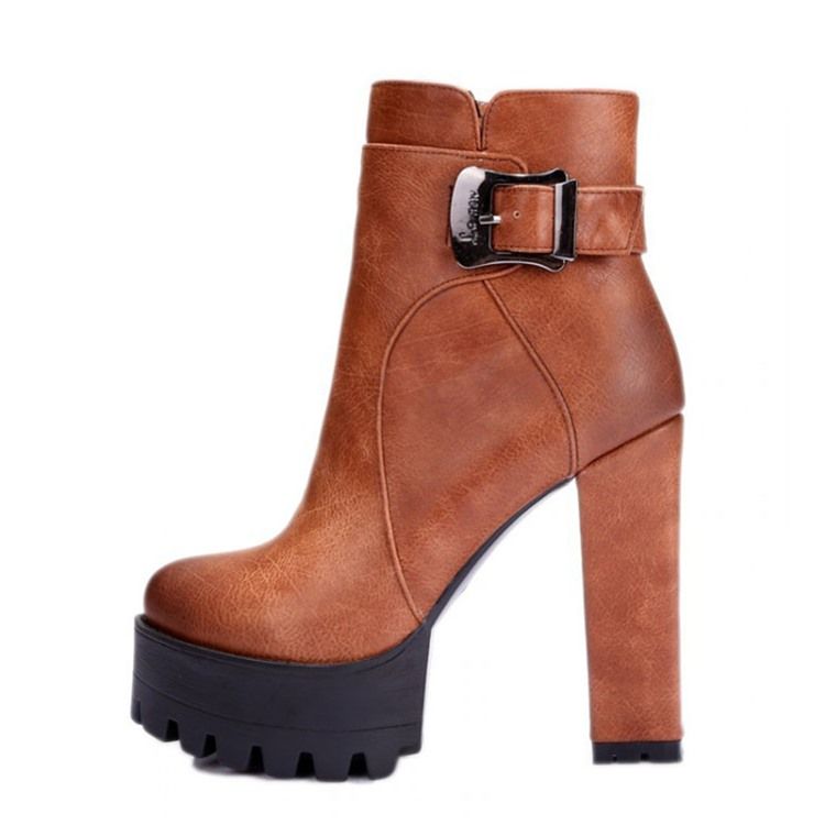 Round Toe Plateau Klobige Ferse Seitlicher Reißverschluss Damen Stiefeletten