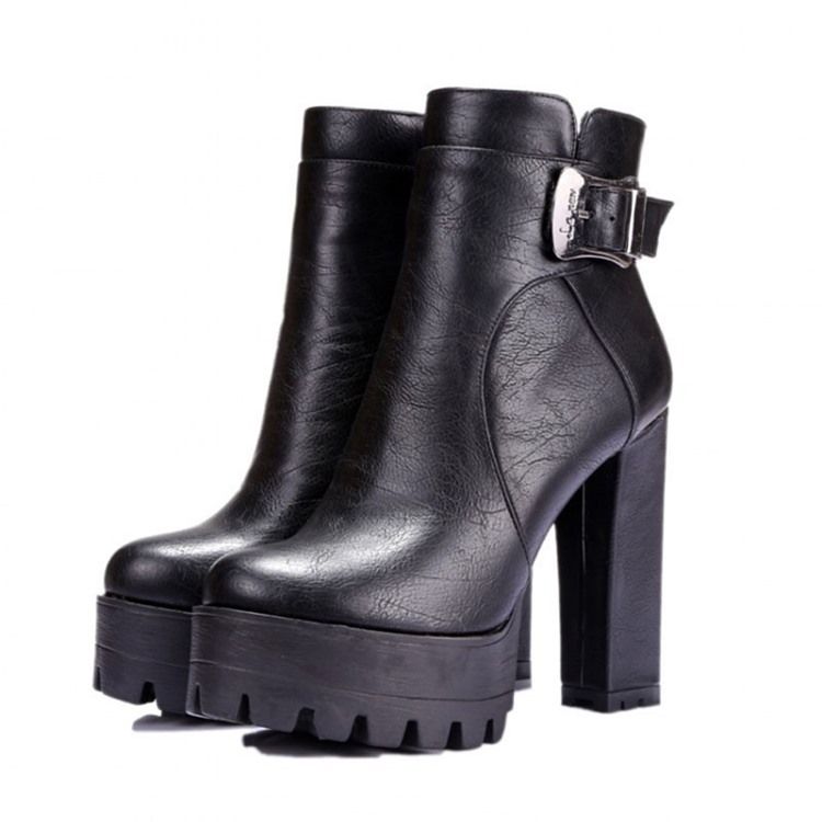 Round Toe Plateau Klobige Ferse Seitlicher Reißverschluss Damen Stiefeletten