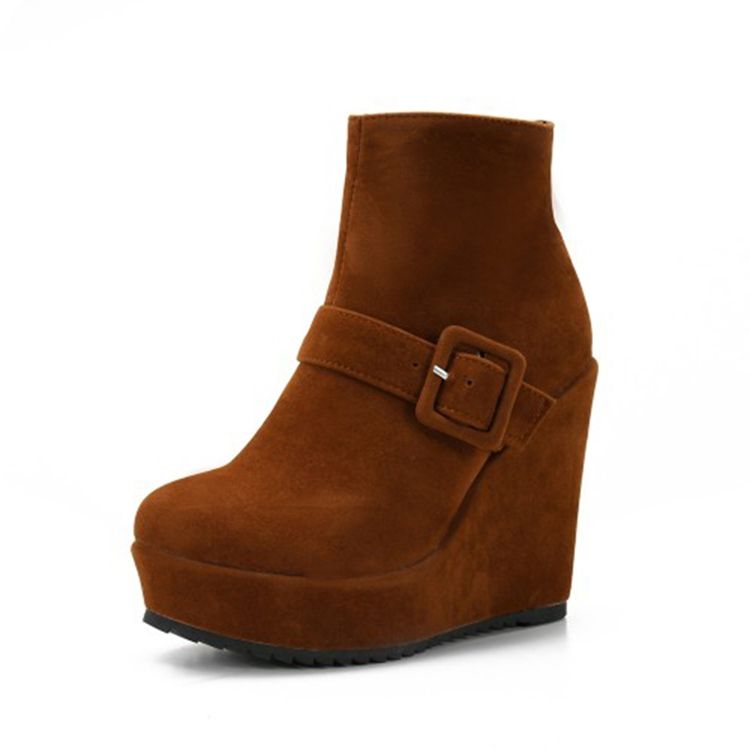 Schnallen Plateau Damen Stiefeletten Mit Keilabsatz