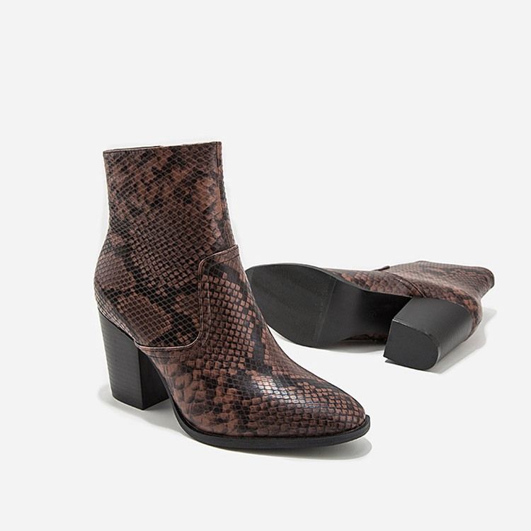 Serpentine Chunky Heel Spitze Zehe Seitlicher Reißverschluss Damenstiefel