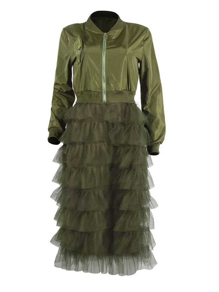 Damen Mesh Reißverschluss Stehkragen Federsaum Schößchen Trenchcoat