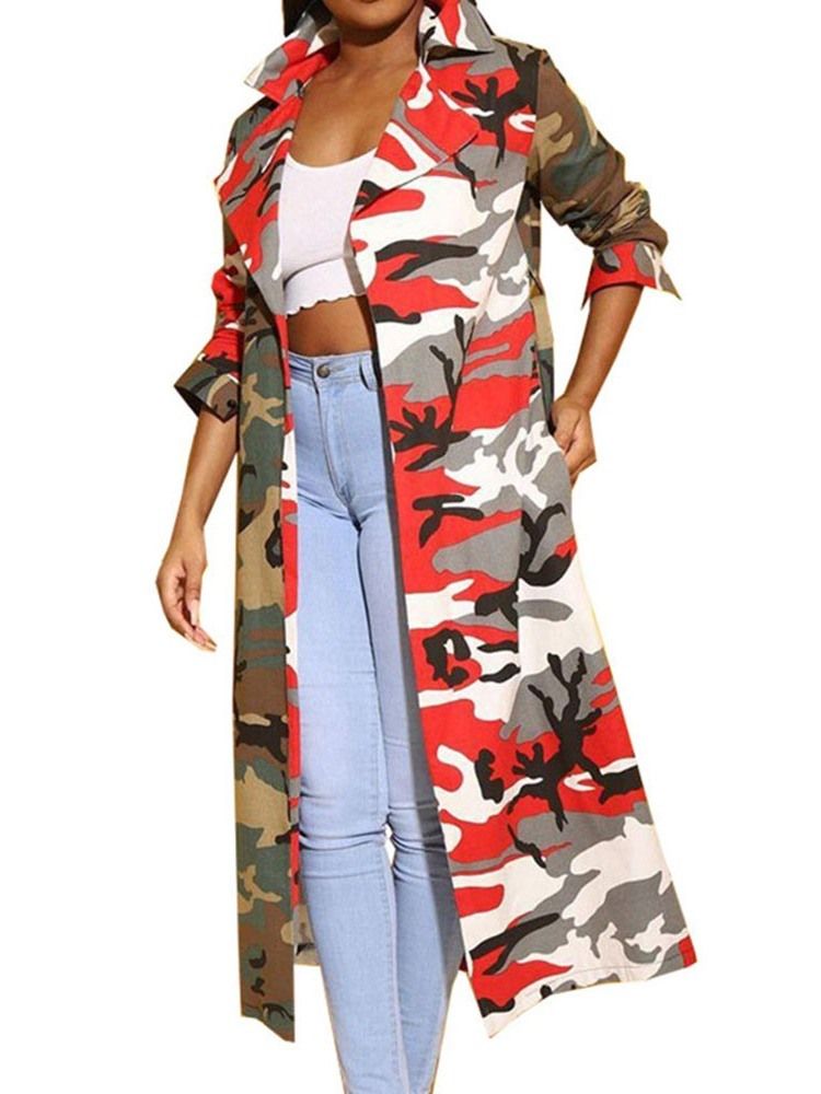 Damen-print Gekerbtes Revers Langer Normaler Trenchcoat Mit Neun Punkten Ärmeln