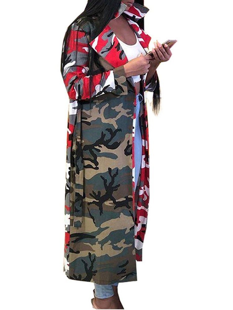 Damen-print Gekerbtes Revers Langer Normaler Trenchcoat Mit Neun Punkten Ärmeln