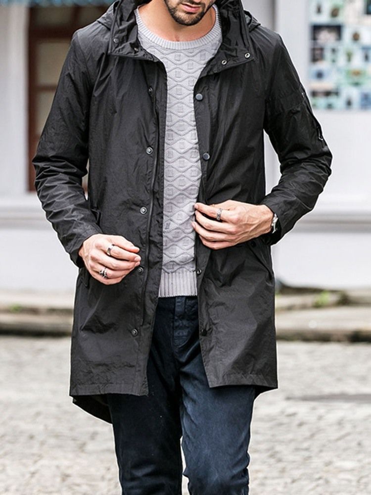 Mittellanger Kapuzen-reißverschluss Single Loose Herren Trenchcoat