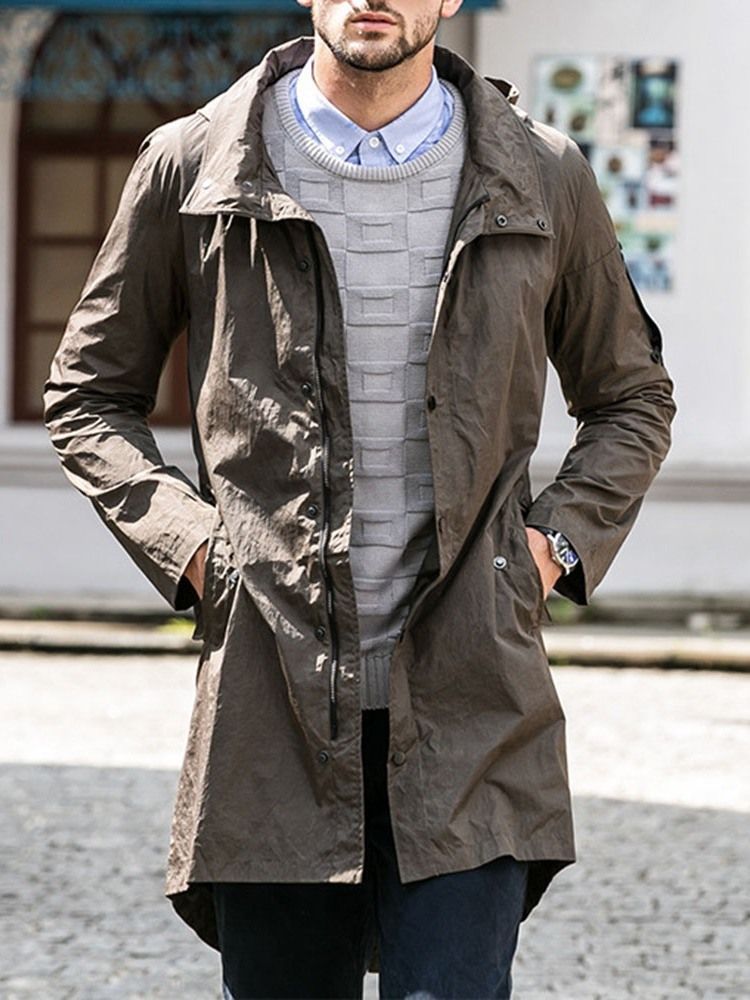 Mittellanger Kapuzen-reißverschluss Single Loose Herren Trenchcoat