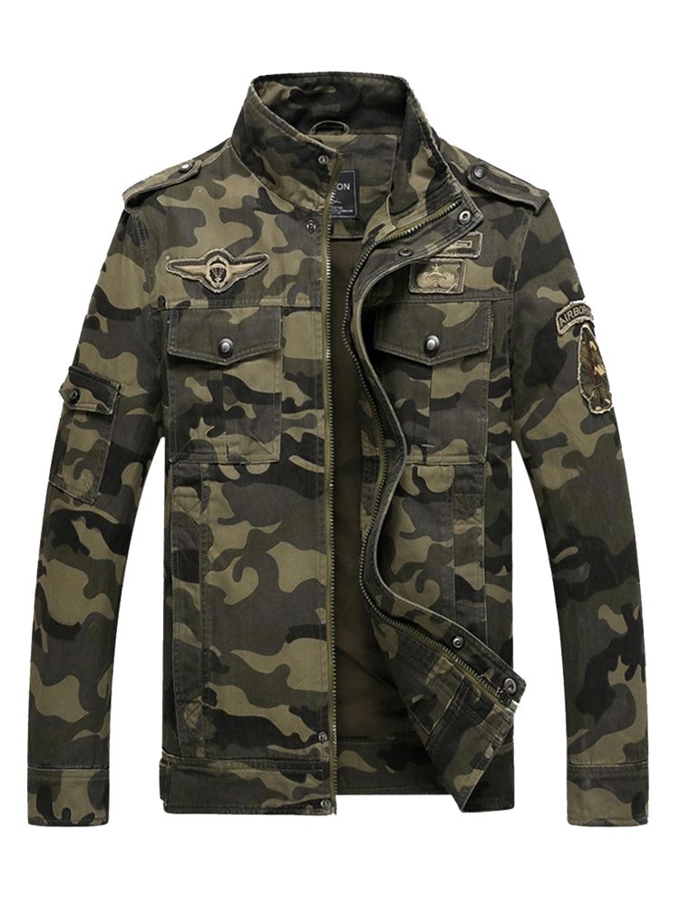 Cotton Blends Camouflage Stehkragen Reißverschluss Herrenjacke