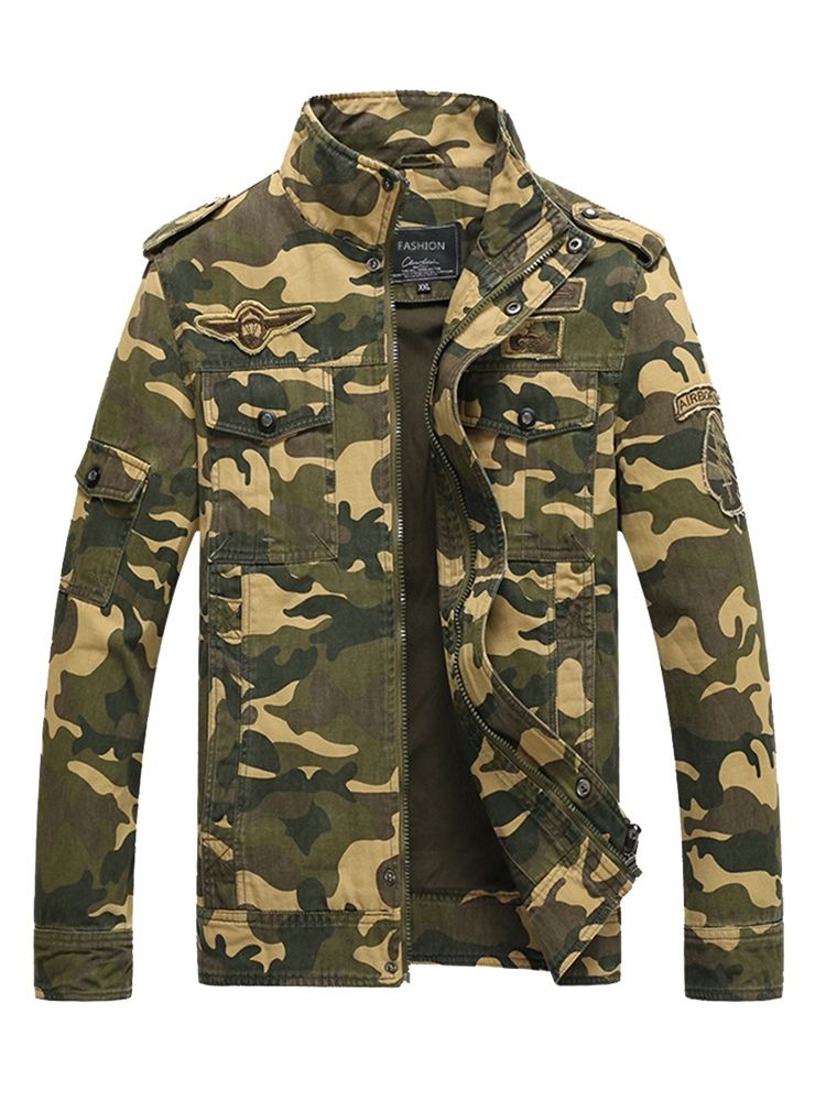 Cotton Blends Camouflage Stehkragen Reißverschluss Herrenjacke