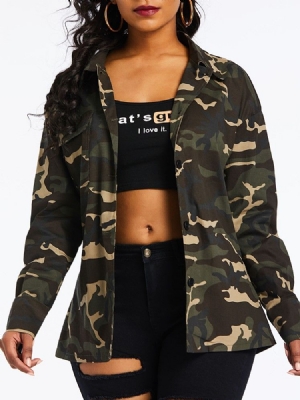 Damen-camouflage-revers-print-langarm-mittellange Bluse