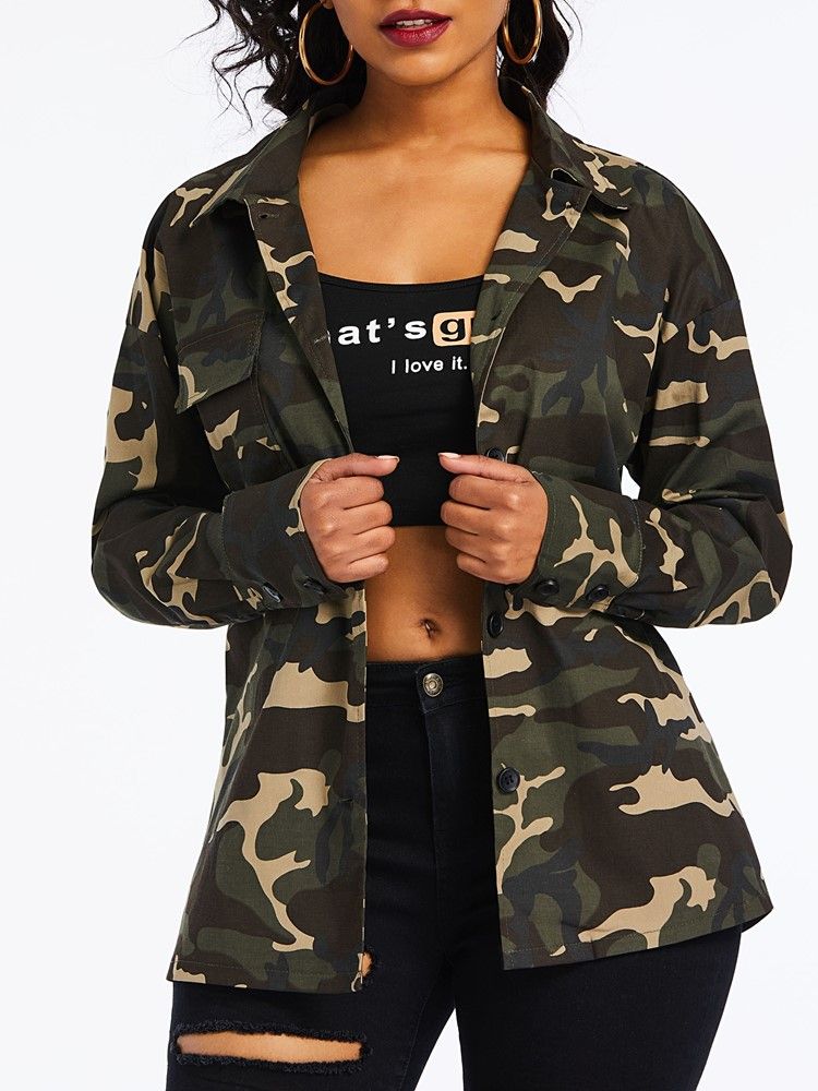 Damen-camouflage-revers-print-langarm-mittellange Bluse