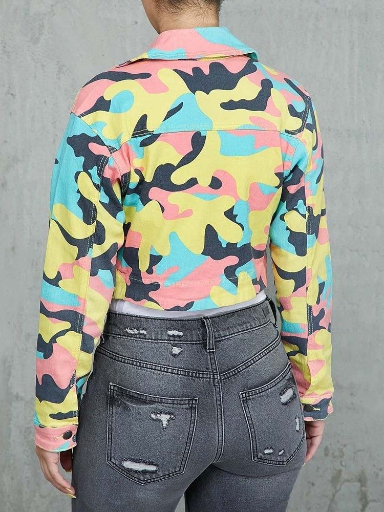 Damen-farbblock-kurzjacke Mit Reißverschluss Und Print