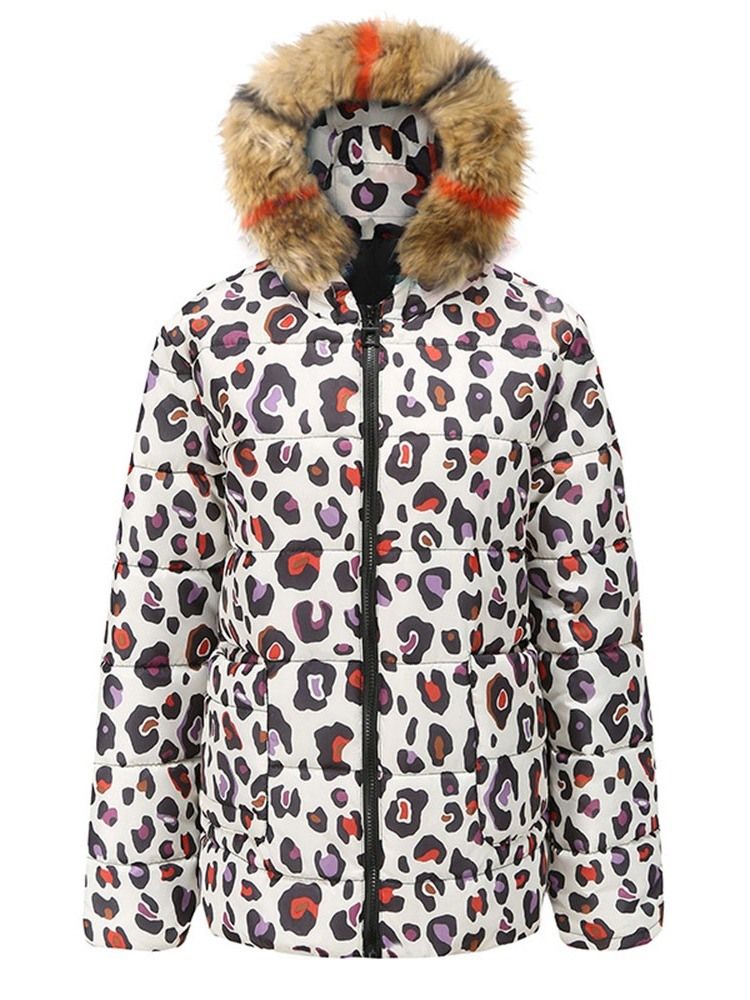 Damen Leopard Reißverschluss Gerade Dicke Mittellange Baumwolle Wattierte Jacke