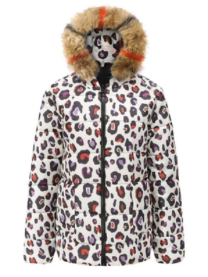 Damen Leopard Reißverschluss Gerade Dicke Mittellange Baumwolle Wattierte Jacke