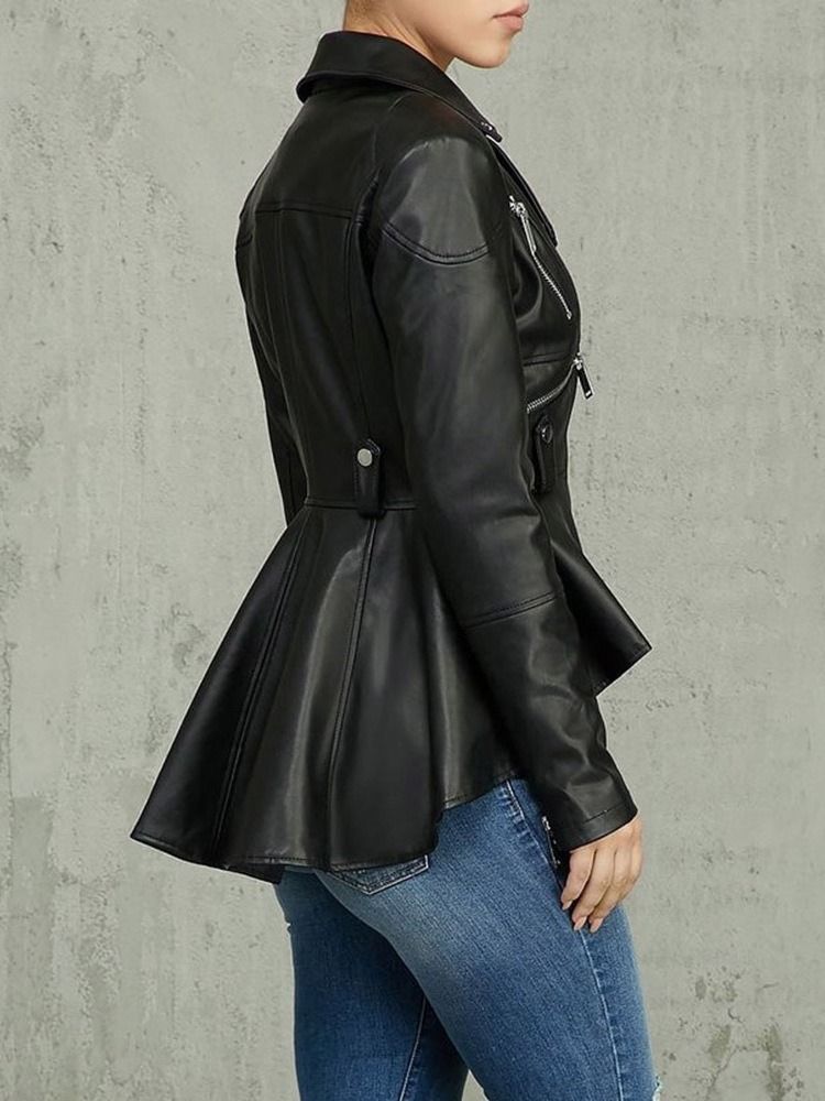 Damen-reißverschluss Mittellange Slim Pu Asymmetrische Jacke