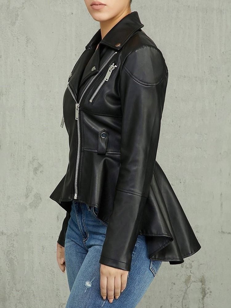 Damen-reißverschluss Mittellange Slim Pu Asymmetrische Jacke