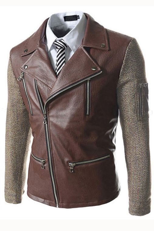 Herren Cool Revers Patchwork Zip-front Langarm Pu Jacke