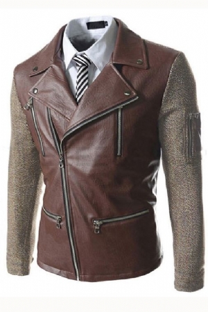 Herren Cool Revers Patchwork Zip-front Langarm Pu Jacke