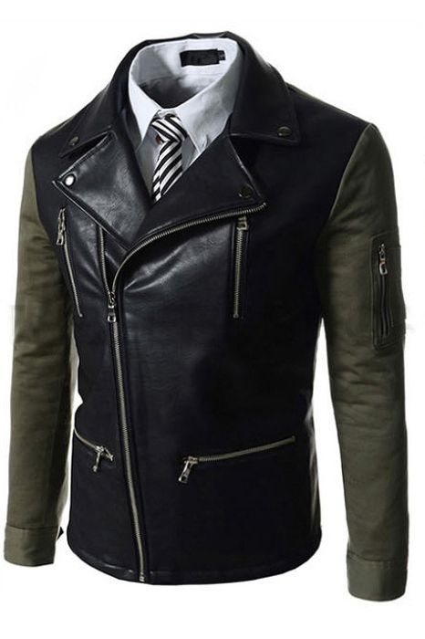 Herren Cool Revers Patchwork Zip-front Langarm Pu Jacke