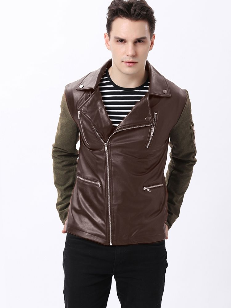 Herren Cool Revers Patchwork Zip-front Langarm Pu Jacke