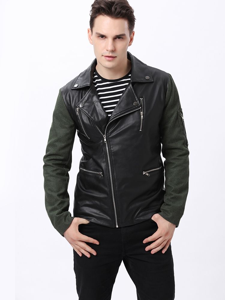 Herren Cool Revers Patchwork Zip-front Langarm Pu Jacke