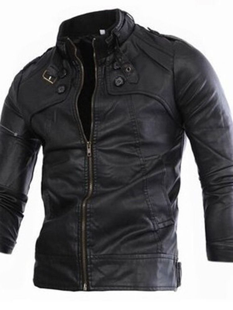 Herren Standard Stehkragen Plain Slim Europäische Lederjacke