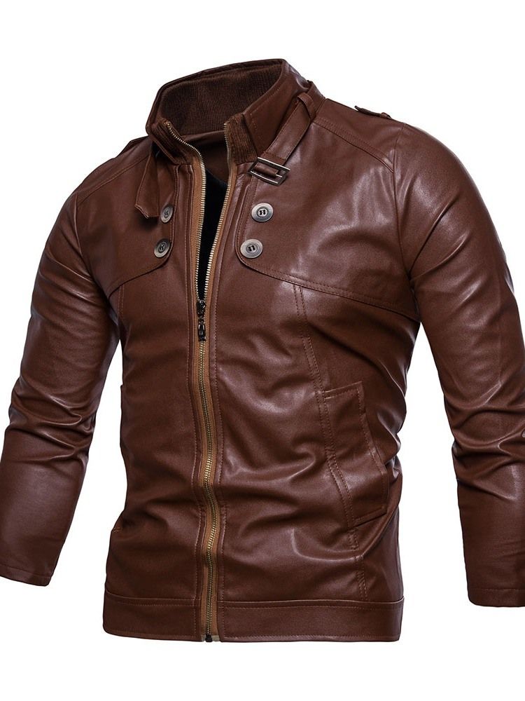 Herren Standard Stehkragen Plain Slim Europäische Lederjacke