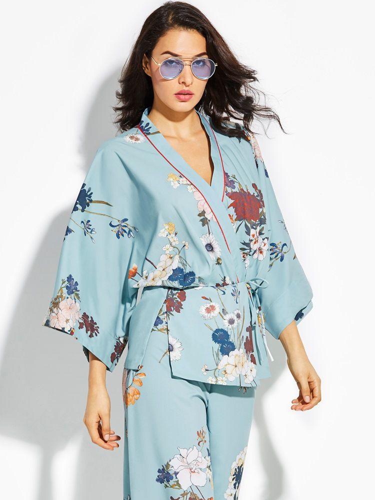 Loose Flower Print Kimono Damenmantel