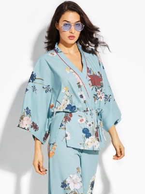 Loose Flower Print Kimono Damenmantel