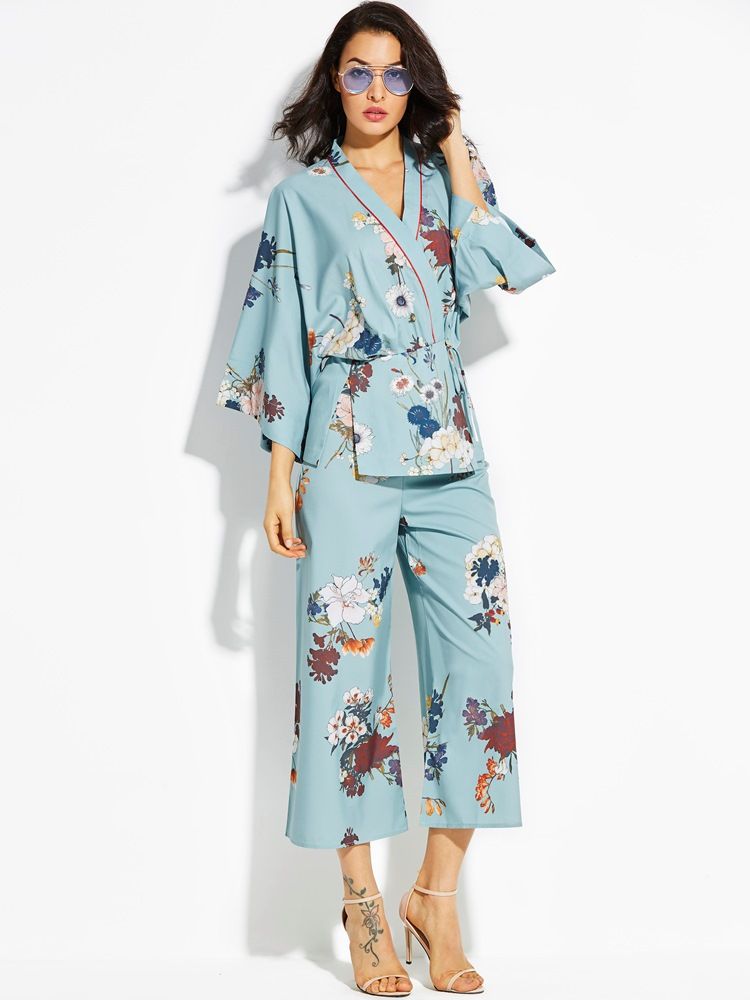 Loose Flower Print Kimono Damenmantel