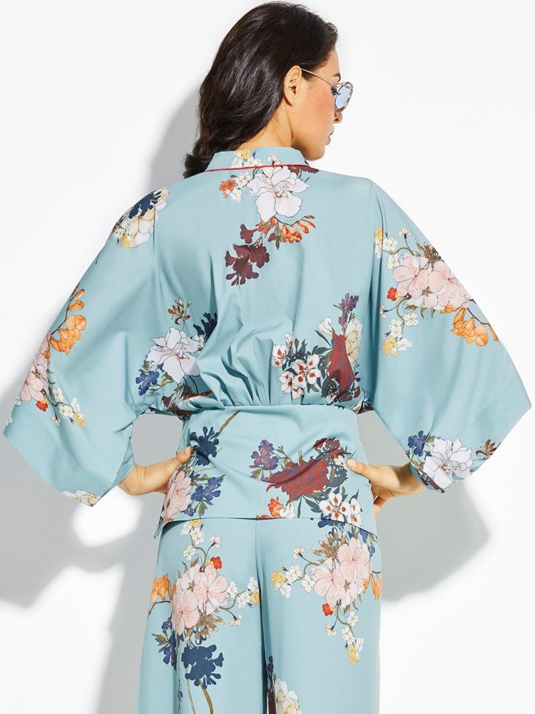 Loose Flower Print Kimono Damenmantel