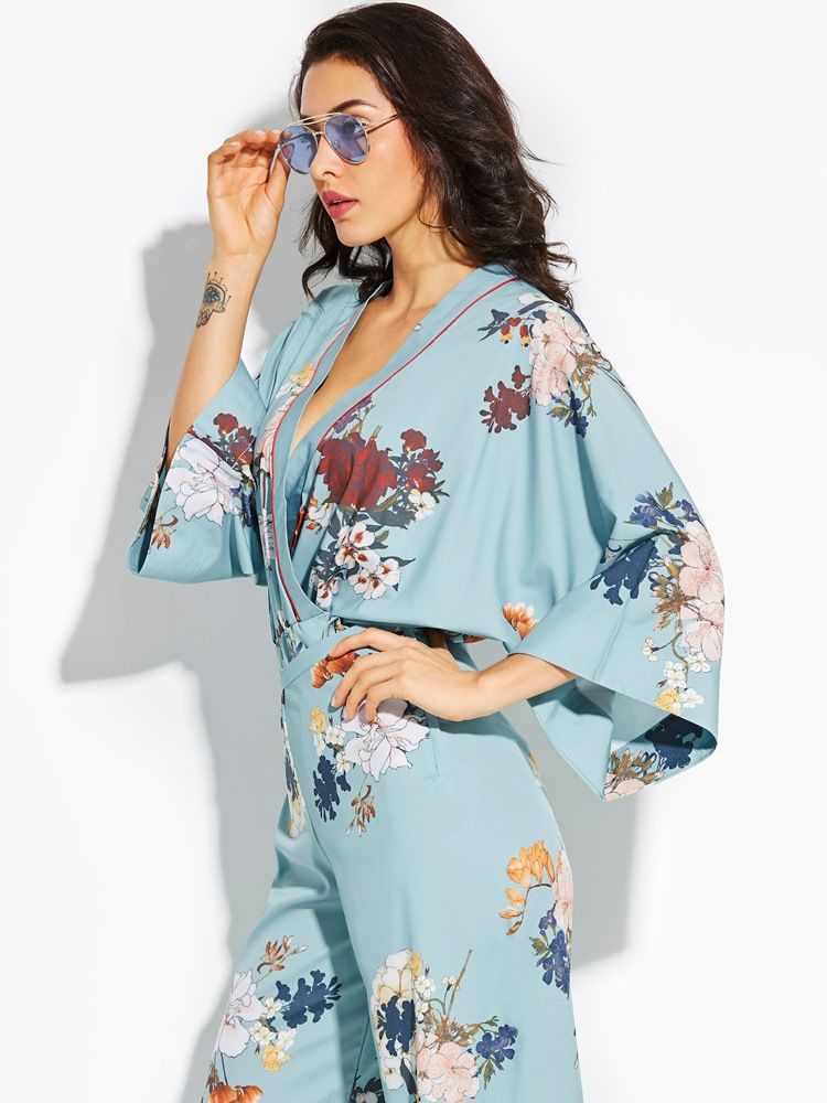 Loose Flower Print Kimono Damenmantel