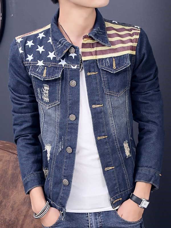 Patchwork Casual Print Herren Jeansjacke