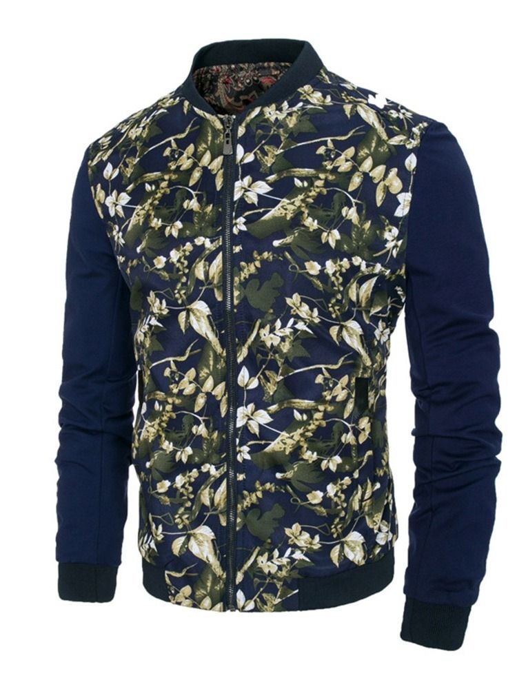 Patchwork Floral Printed Stehkragen Herren Slim Zipper Jacke