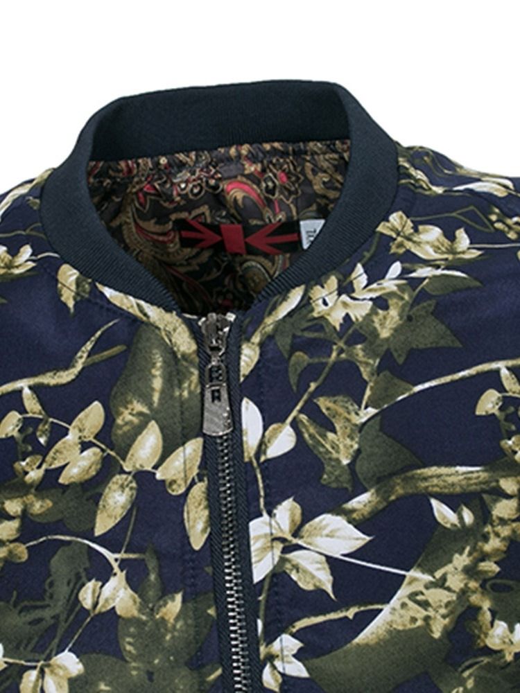 Patchwork Floral Printed Stehkragen Herren Slim Zipper Jacke