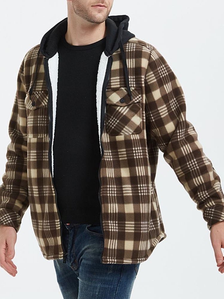 Patchwork Hooded Plaid Zipper Lose Herrenjacke