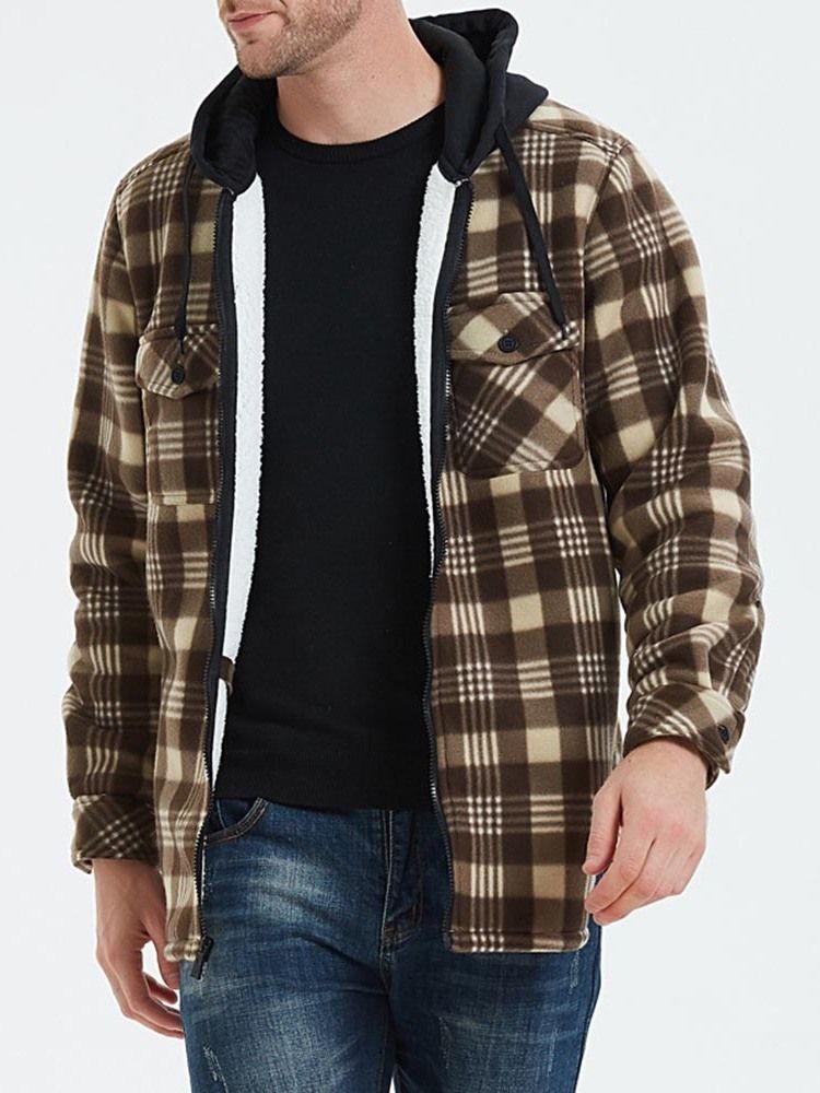 Patchwork Hooded Plaid Zipper Lose Herrenjacke