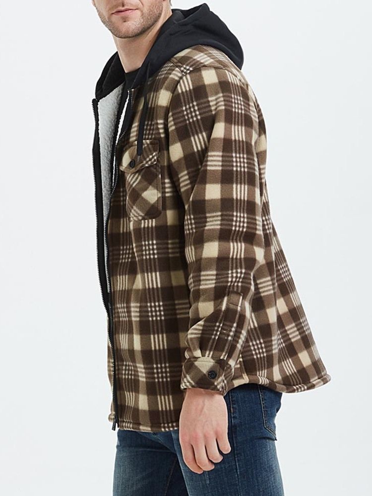 Patchwork Hooded Plaid Zipper Lose Herrenjacke