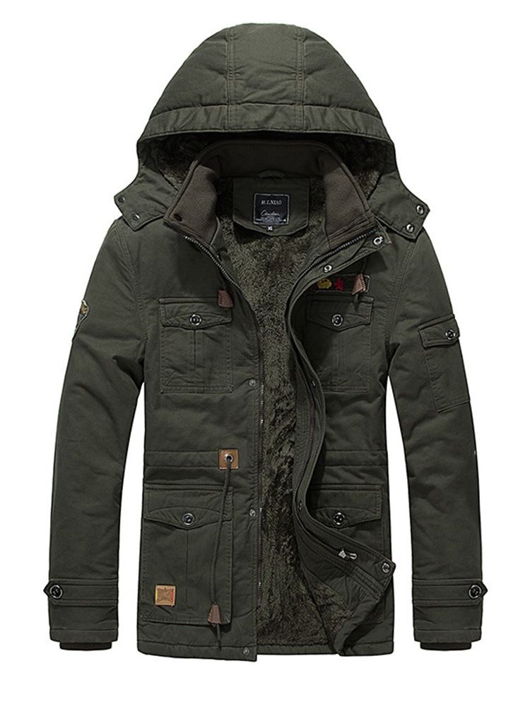 Plain Pocke Removable Hooded Mens Thick Casual Coats Jacket