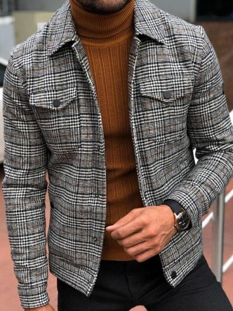 Pocket Plaid Revers Herbst Herren Slim Jacke