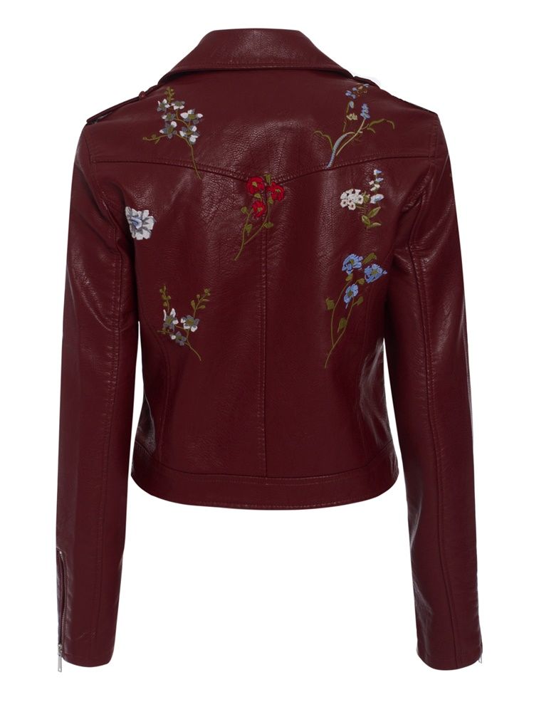 Pu-jacke Für Damen Mit Revers Und Blumenstickerei