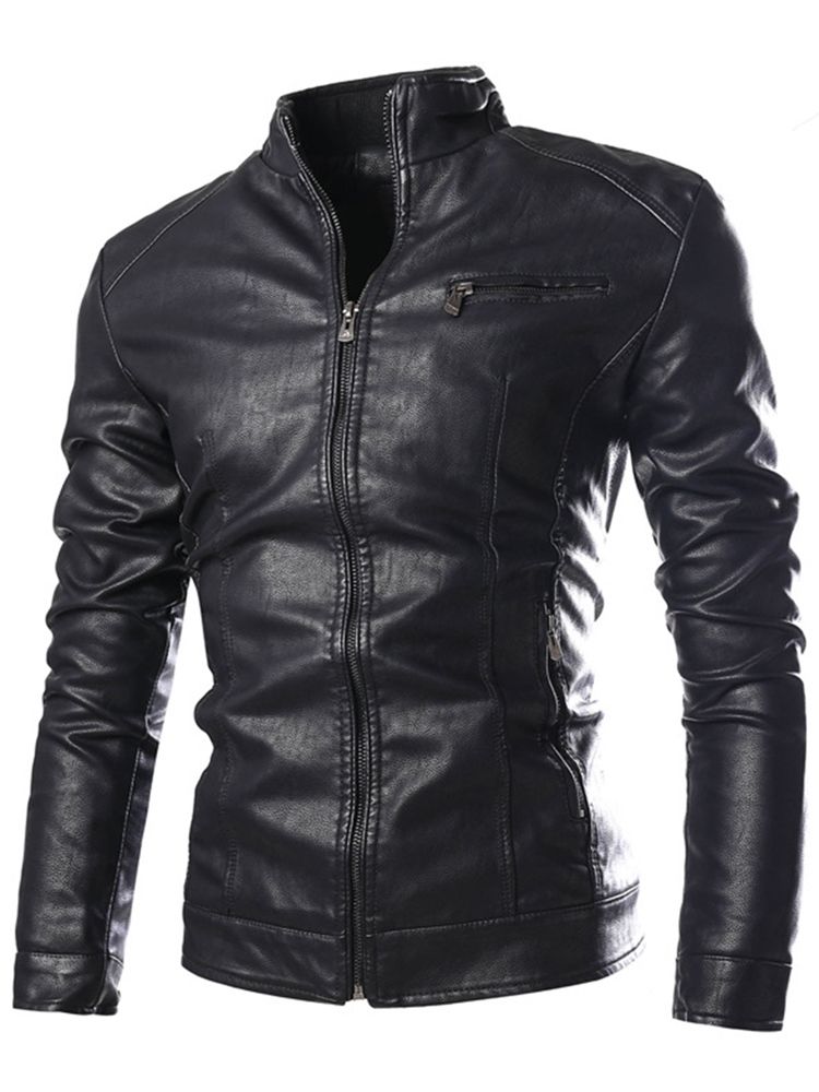 Pu Stand Colalr Zip Slim Herrenjacke